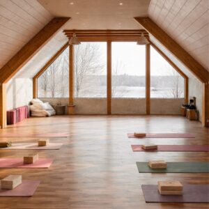 Prostorná místnost s podlahou z dřeva, cvičební podložky a bloky na jógu, velká okna s výhledem na přírodu.