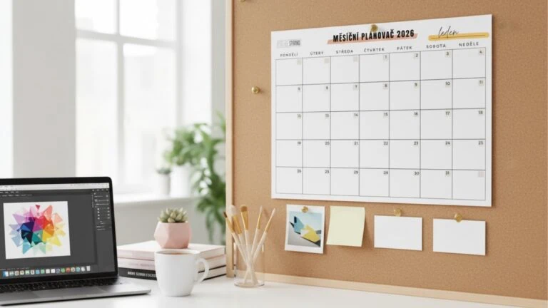 Měsíční plánovač na rok 2026, připevněný na korkové nástěnce, vedle laptopu a kancelářských potřeb.