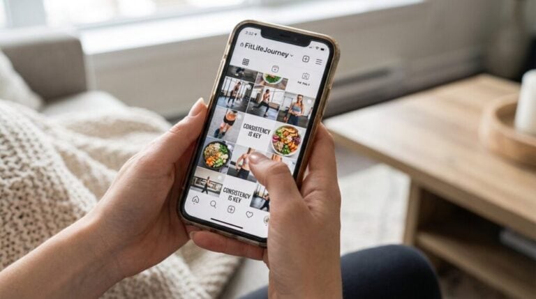 Mobilní telefon v ruce zobrazuje příspěvky o tréninkových plánech a zdravé výživě na Instagramu.