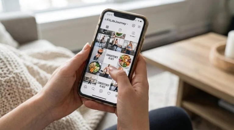 Mobilní telefon v ruce zobrazuje příspěvky o tréninkových plánech a zdravé výživě na Instagramu.