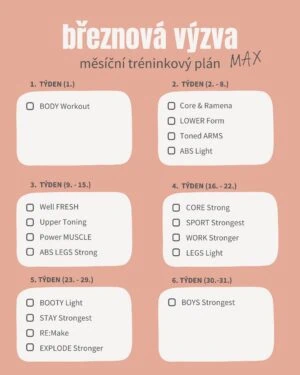 březnová výzva - měsíční tréninkový plán, se seznamem cvičení na jednotlivé týdny.