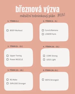 Březnová výzva - měsíční tréninkový plán, obsahující cvičení na každý týden.