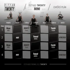 Cvičební plán pro program FITFAB TWENTY MINI na čtyři týdny s aktivitami jako Bosu, HIIT a Taichi.