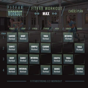 Tréninkový plán pro týden s aktivitami jako cardio, yoga a dance, rozdělený podle dnů.