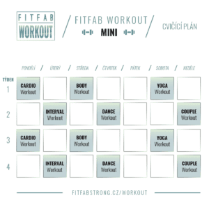 Cvičící plán FitFab Workout MINI na čtyři týdny se zaměřením na různé typy tréninků.