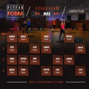 Cvičební plán na čtyři týdny s různými lekcemi, jako jsou yoga, lower a upper form.