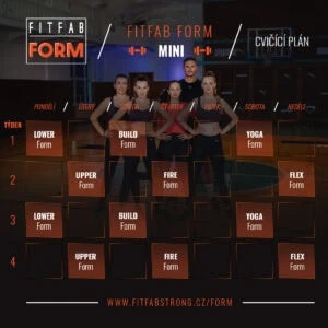 Cvičící plán pro měsíc s rozvrhem aktivit na každý den, zahrnuje různé tréninkové formy.