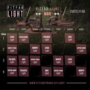 Cvičební plán na čtyři týdny s názvy lekcí jako Legs, Pilates, Booty a Coffee Yoga.