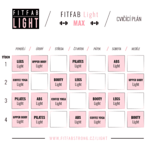 Cvičící plán na čtyři týdny zahrnující různé lekce jako Legs, Pilates a Coffee Yoga.