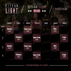 Cvičební plán FitFab Light Mini na 4 týdny s aktivitami jako Booty, Pilates a Coffee Yoga.
