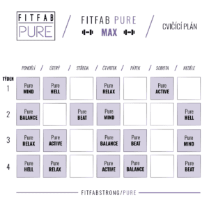 Cvičící plán FITFAB PURE MAX s aktivitami jako Pure Mind, Pure Hell, Pure Relax, Pure Balance a další.