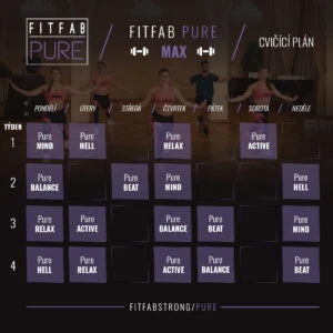 Cvičební plán FitFab Pure Max na čtyři týdny s aktivitami jako Pure Mind, Pure Hell a Pure Relax.
