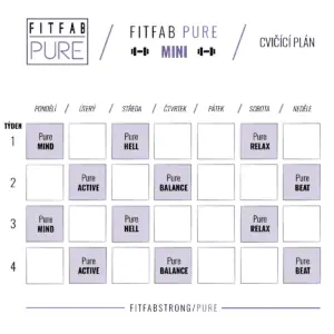 Cvičící plán „FitFab Pure Mini“ s týdnem a názvy lekcí pro každý den.