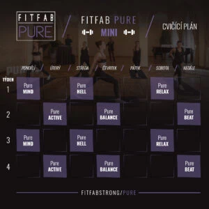 Cvičební plán pro program FitFab Pure Mini na čtyři týdny s různými aktivitami každý den.