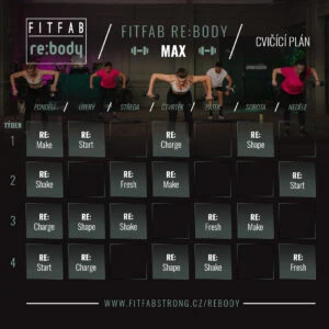 Cvičící plán FitFab Re:Body Max s rozvrhem aktivit pro jednotlivé dny v týdnu.