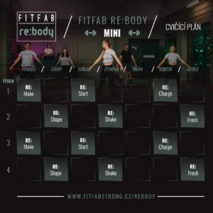 Cvičební plán FitFab Re:Body Mini pro jednotlivé dny v týdnu s klíčovými aktivitami.