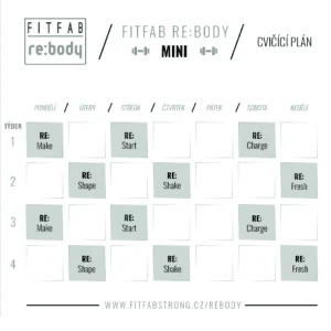 Cvičící plán FitFab Re:Body Mini s aktivitami na každý den v týdnu.