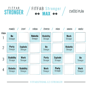 Cvičící plán na čtyři týdny s názvy lekcí jako Be, Robotic, Stability, Party a další.