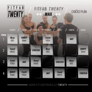 Cvičící plán "FITFAB TWENTY MAX" na 4 týdny s různými aktivitami jako Bosu, HIIT a Taichi.