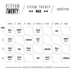 Cvičící plán na 4 týdny obsahující aktivity jako BOSU, BOOTY, Taichi, HIIT a STRETCH.