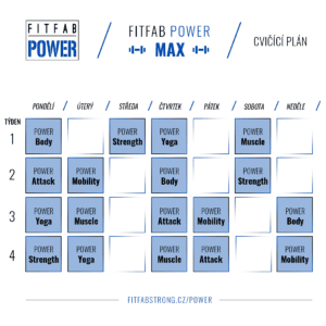Cvičící plán FITFAB POWER MAX s rozvrhem aktivit na každý den v týdnu.