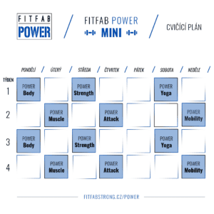 Cvičební plán FITFAB POWER MINI na čtyři týdny s aktivitami jako Body, Strength, Yoga a Mobility.