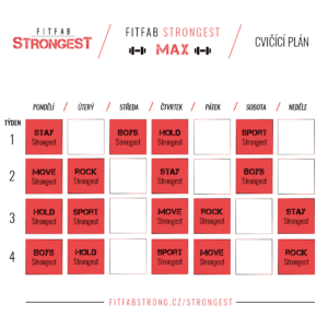 Cvičící plán pro program FitFab Strongest Max s aktivitami na každý den v týdnu.