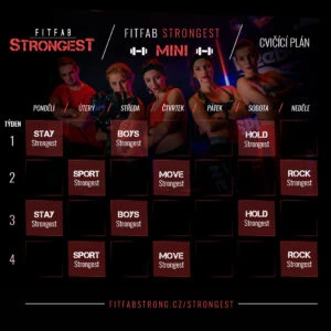 Cvičící plán pro trénink FITFAB Strongest Mini na 4 týdny s názvy cvičení pro každý den.