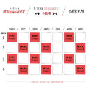 Cvičící plán s názvem "FitFab Strongest Mini" obsahující rozvrh aktivit na každý den v týdnu.