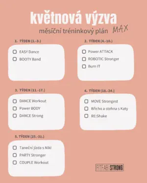 Měsíční tréninkový plán „květnová výzva“ s lekcemi na každý týden a názvy cvičení.