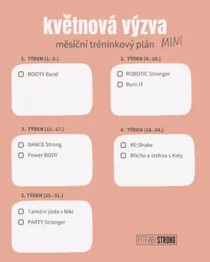 měsíční tréninkový plán květnové výzvy s názvy lekcí rozdělenými po týdnech
